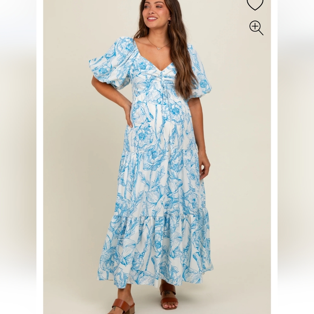 Blue Floral Cinched Tie Maternity Maxi Dress Pink Blush Size Large